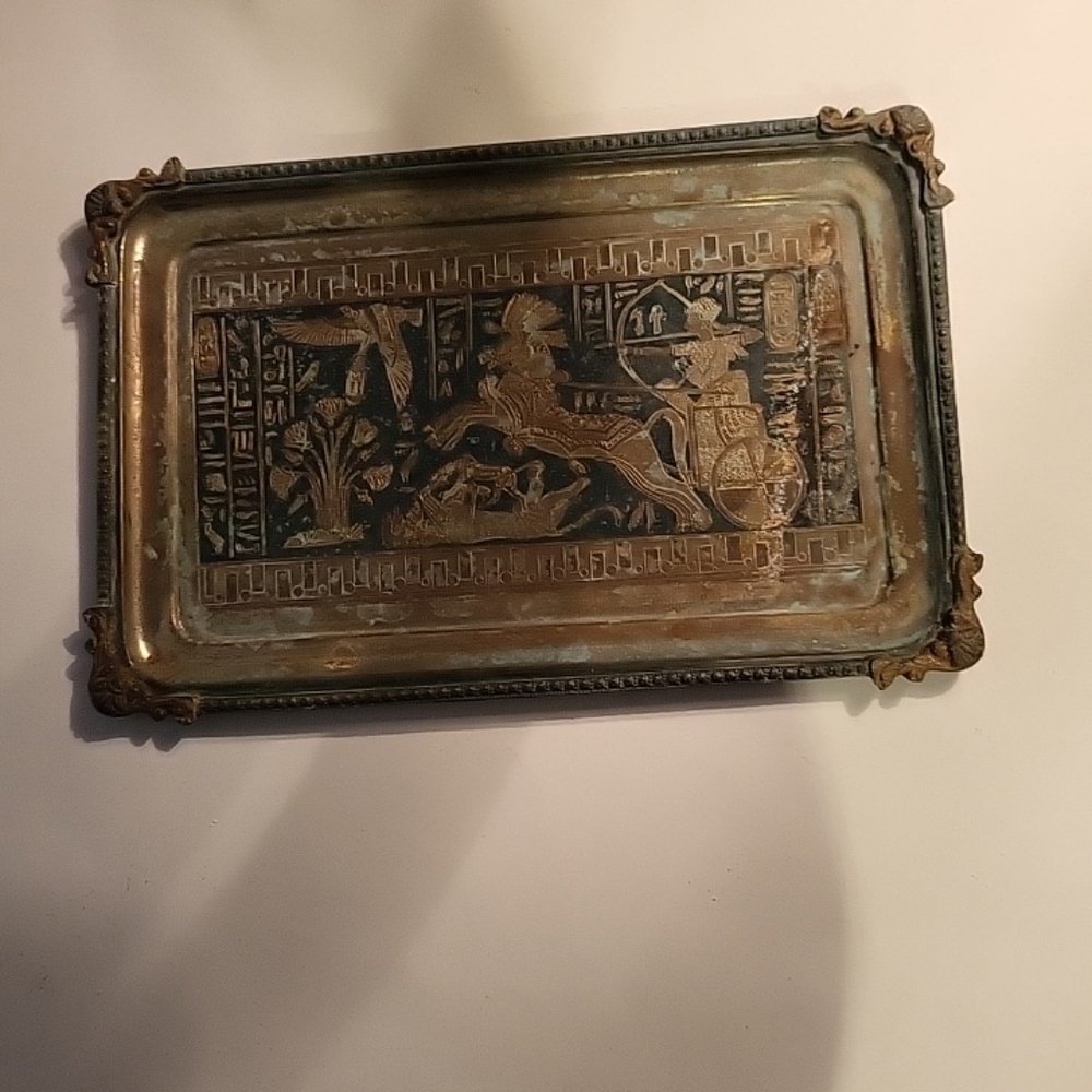 Vintage Egyptian Silver Plate & Brass Carved Tray Patina Architectural Decor